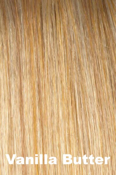 Color Swatch Vanilla Butter for Envy wig Rose.  Golden blonde base with pale blonde and honey blonde highlights.
