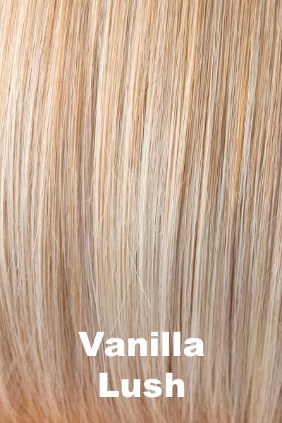 Color Vanilla Lush for Noriko wig Mason #1632. Pale blonde and vanilla blonde base with an apricot hue and lighter ends.