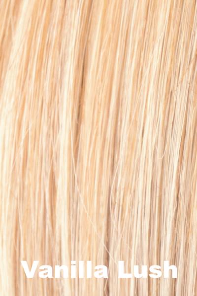 Color Vanilla Lush for Amore wig Erika #2532. Pale blonde and vanilla blonde base with an apricot hue and lighter ends.