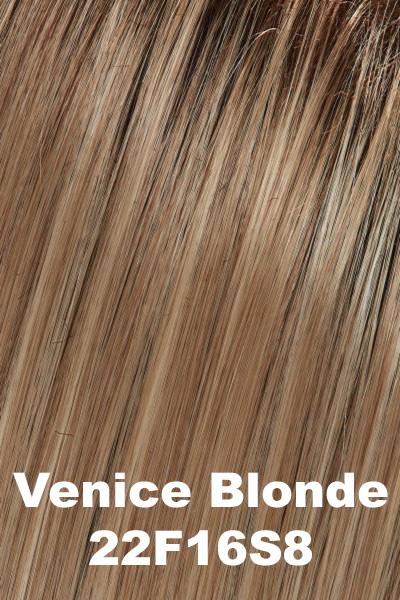 Color 22F16S8 (Venice Blonde) for Jon Renau top piece Top Full 18" (#368). Medium brown root with a cool blend of light ash blonde, dark blonde and golden blonde.