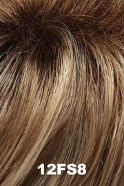 Color 12FS8 (Shaded Praline) for Jon Renau wig Maisie (#5172). Medium brown roots and a light brown, light blonde and pale blonde blend with a golden undertone.