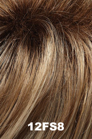 Color 12FS8 (Shaded Praline) for Jon Renau top piece Top Comfort 12" (#6007). Medium brown roots and a light brown, light blonde and pale blonde blend with a golden undertone.