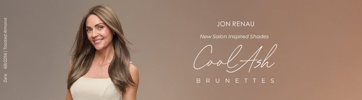 Shop Jon Renau's New Salon Inspired Shades. Cool Ash Brunettes. Model wearing Zara in 6B/22S6 (Toasted Almond).