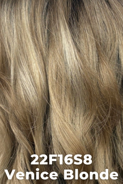 Color 22F16S8 (Venice Blonde) for Jon Renau wig Allure (#5350). Medium brown root with a cool blend of light ash blonde, dark blonde and golden blonde.