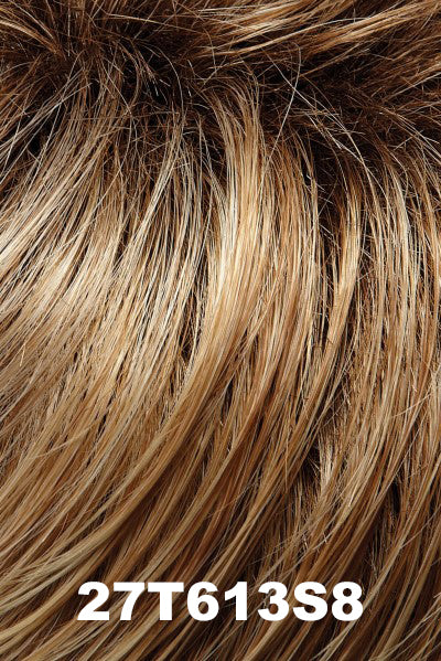 Color 27T613S8 (Shaded Sun) for Jon Renau wig Maisie (#5172). Medium golden blonde with copper, honey, and creamy blonde highlights with a meidum brown root.