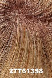 Color 27T613S8 (Shaded Sun) for Jon Renau top piece Top Form French 12" (#756). Medium golden blonde with copper, honey, and creamy blonde highlights with a meidum brown root.