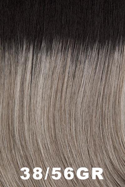 Color Swatch 38/56GR for Henry Margu Wig Farrah (#4756). Lightest grey base with light gray, light brown highlights, and dark roots.