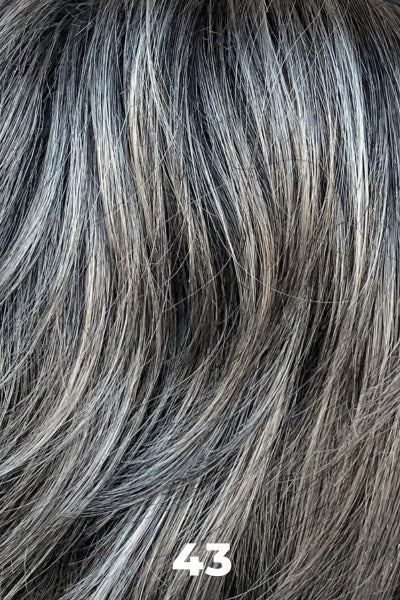 Color Swatch 43 for Henry Margu Wig Renee (#4527). Grey and dark brown mix gradually darkening to a deep medium brown and gray blend near the nape.