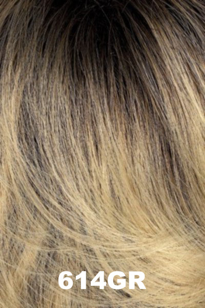 Light beige blonde with light warm blonde highlights and brown roots