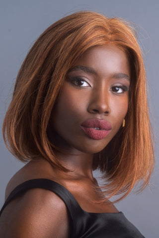 Model wearing the Alexander Couture human hair wig Harriet (#1035) 1.