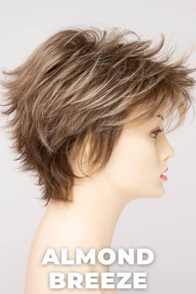 Color Swatch Almond Breeze  for Envy wig Ophelia Human Hair Blend.  Dark warm honey blonde with subtle creamy blonde and pale blonde highlights.