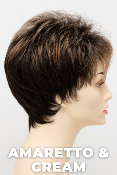 Color Swatch Amaretto & Cream  for Envy wig Penelope Petite.  Medium brown base with dark brown roots and subtle blonde highlights with a gold and red undertone.