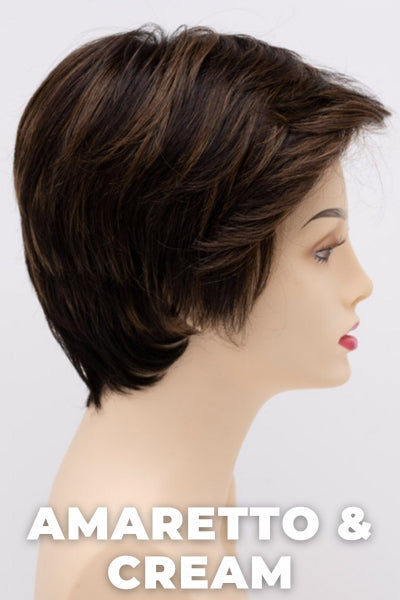 Color Swatch Amaretto & Cream for Envy wig Paula Human Hair Blend.  Medium brown base with dark brown roots and subtle blonde highlights with a gold and red undertone.