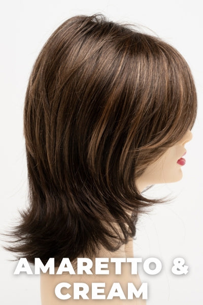 Color Swatch Amaretto & Cream for Envy wig Rose.  Medium brown base with dark brown roots and subtle blonde highlights with a gold and red undertone.