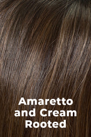 Color Swatch Amaretto & Cream for Envy wig Aubrey Human Hair Blend.  Medium brown base with dark brown roots and subtle blonde highlights with a gold and red undertone.