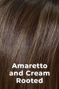 Color Swatch Amaretto & Cream for Envy wig Jamie.  Medium brown base with dark brown roots and subtle blonde highlights with a gold and red undertone.