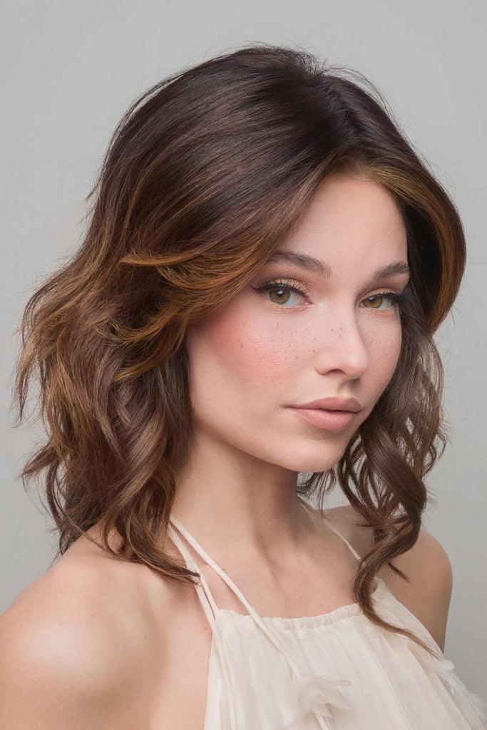 Side view of woman modeling an Amore topper in the color Marble Brown.