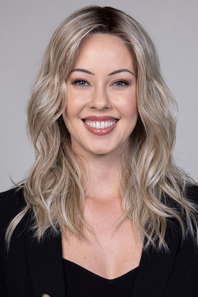 Woman wearing Campbell by Belle Tress in the color Butterbeer Blonde.