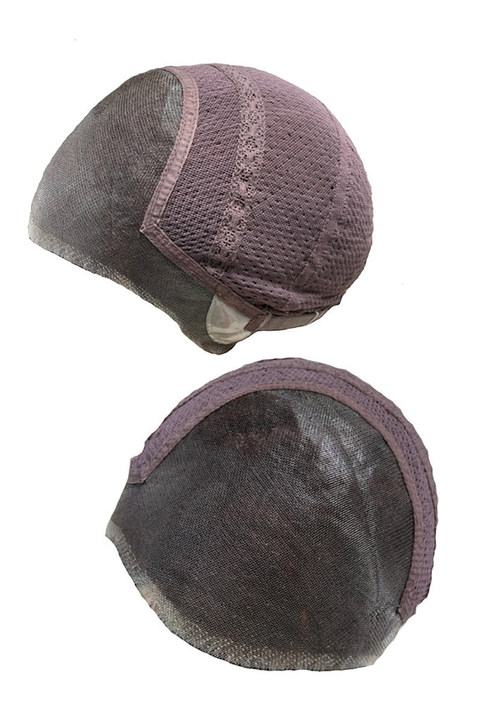 Close up of Maison's cap construction, showing the extended lace front and monofilament top.