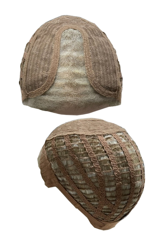 Close of view of cap construction, showing the monofilament part cap and extended lace front.