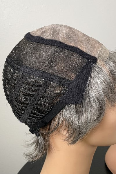 Cap Construction image for Henry Margu Trish wig showing a monofilament top, lace front, and hand-tied , wefted cap.