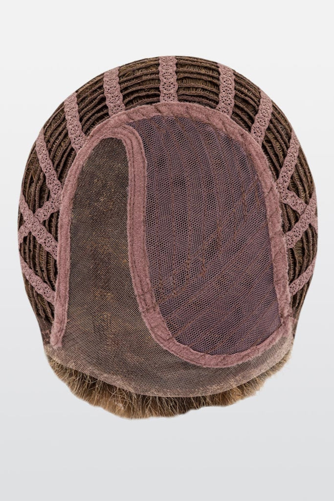 Top of cap construction showing the ear to ear lace front and mono part.