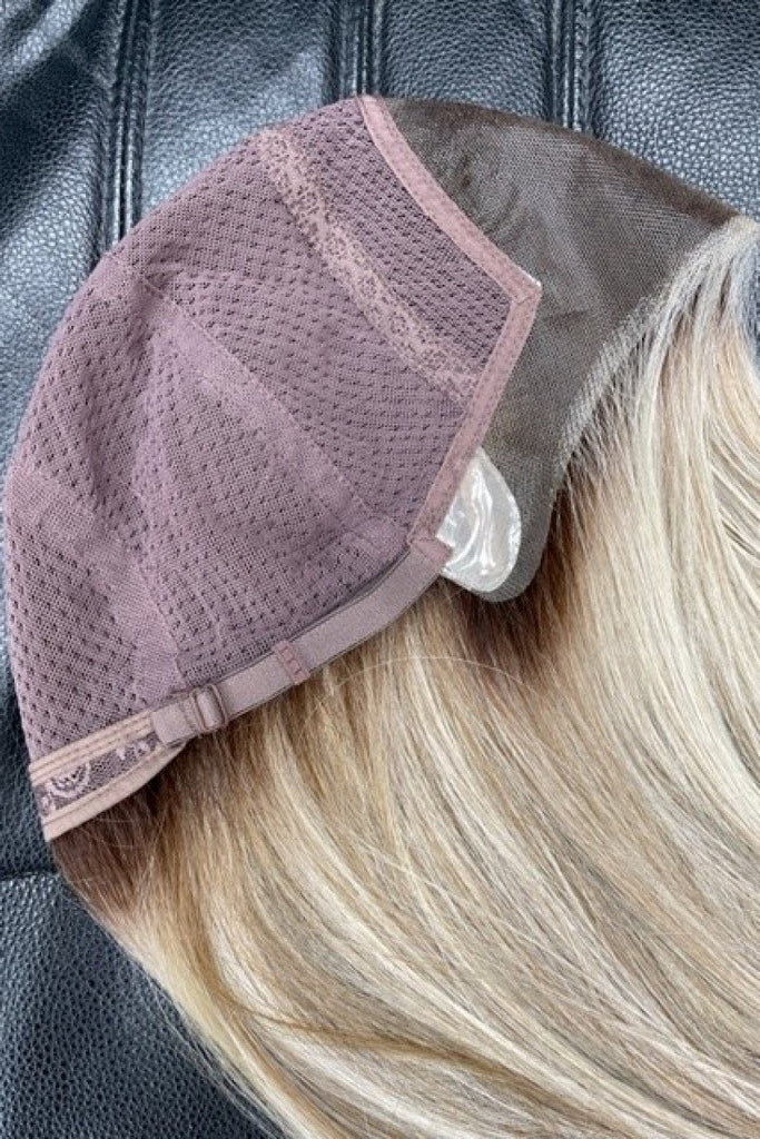 Close up of the Louie cap construction showing the 100% hand tied cap.