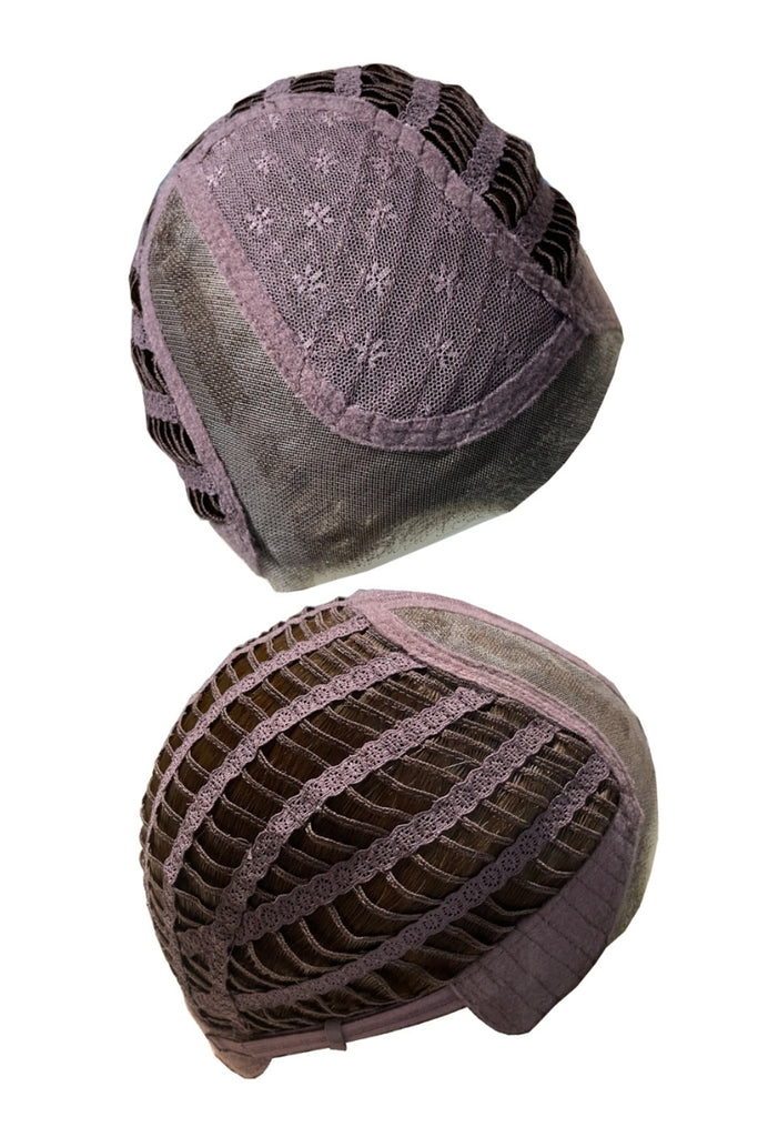 Close up of Catania's cap construction, showing the monofilament part and extended lace front.