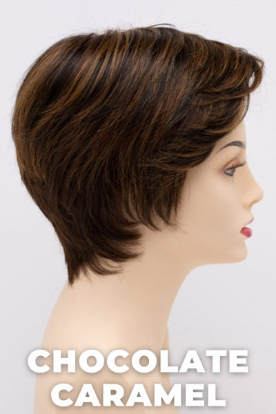 Color Swatch Chocolate Caramel for Envy wig Paula Human Hair Blend.  Rich chocolate brown with warm golden chestnut brown highlights.