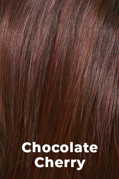 Color Swatch Chocolate Cherry for Envy wig Raven.  Medium brown base with subtle red undertones and deep copper and golden brown highlights.