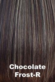 Color Chocolate Frost-R for Orchid wig Niki (#6542). Warm toned soft medium brown base with cool toned light blonde and warm toned dark blonde highlights and a neutral dark brown root.