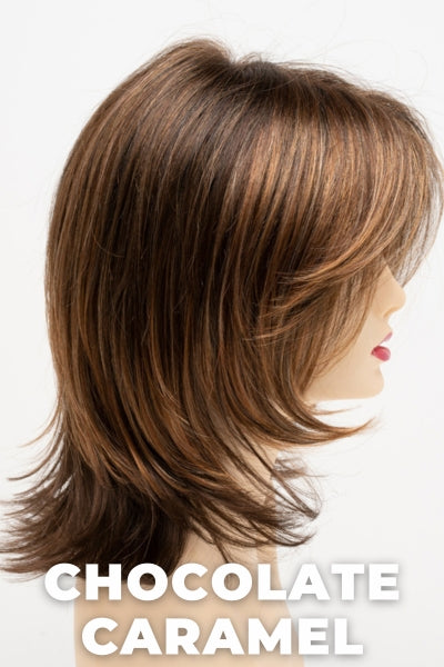 Color Swatch Chocolate Caramel for Envy wig Rose.  Rich chocolate brown with warm golden chestnut brown highlights.