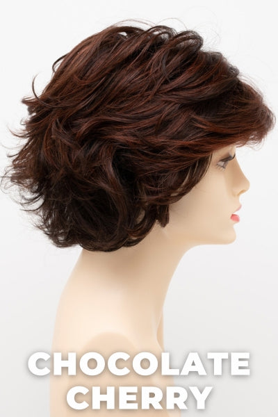 Color Swatch Chocolate Cherry for Envy wig Savannah.  Medium brown base with subtle red undertones and deep copper and golden brown highlights.