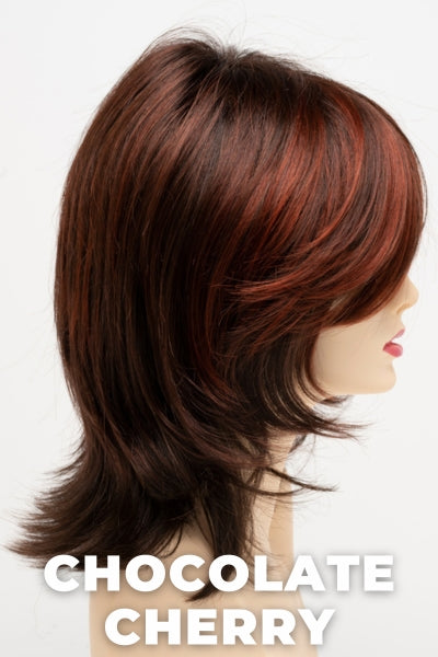 Color Swatch Chocolate Cherry for Envy wig Rose.  Medium brown base with subtle red undertones and deep copper and golden brown highlights.