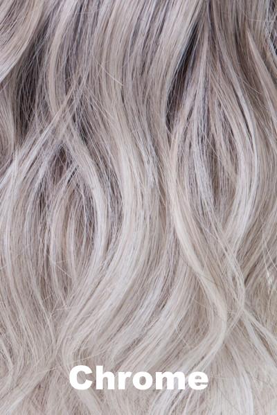 Belle Tress Toppers - Premium 14" Wave Topper (#7012) - Chrome. Cappuccino brown root with a gradual mixture of 30% gray, 10% gray, and white at the tip. (Rooted Color).