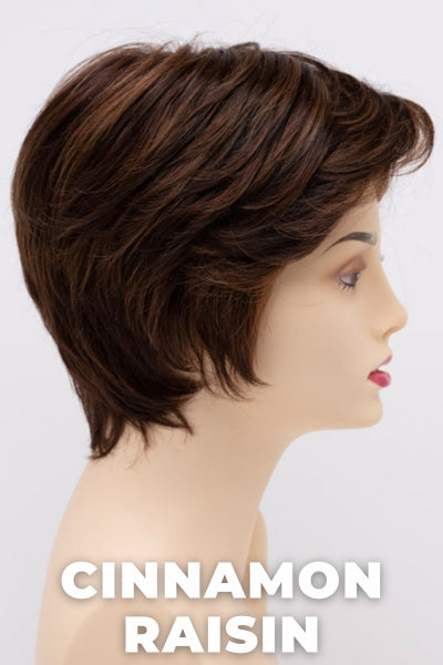 Color Swatch Cinnamon Raisin for Envy wig Paula Human Hair Blend.  A blend of medium chestnut brown with subtle golden auburn highlights.