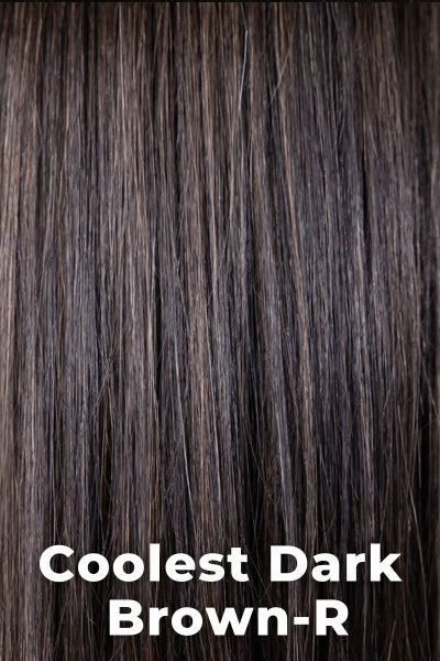Belle Tress Wigs - Campbell (LSE-4016) - Coolest Dark Brown-R. A rich, deep espresso brown root with cool, ashy undertones that blend into a dark brown base with a smoky brunette and cool beige highlights.