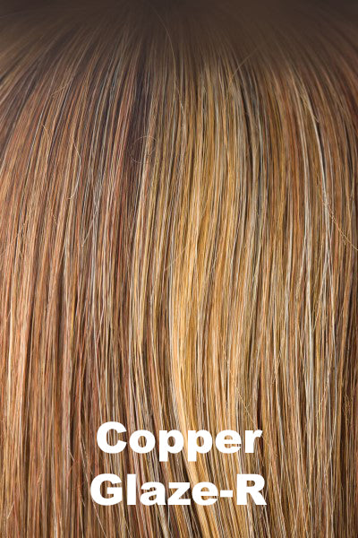 Color Copper Glaze-R for Noriko wig Zeal #1725. Medium copper brown base with honey golden blonde and red copper highlights and a dark to medium amber brown.
