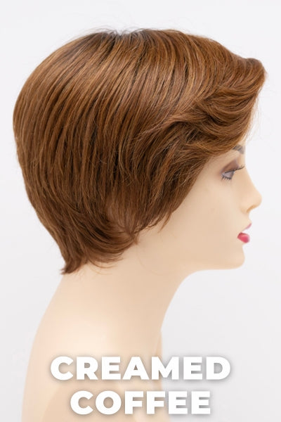 Color Swatch Creamed Coffee for Envy wig Paula Human Hair Blend.  Rich brown base with a warm Mahogony and copper brown with strawberry blonde dimensions.