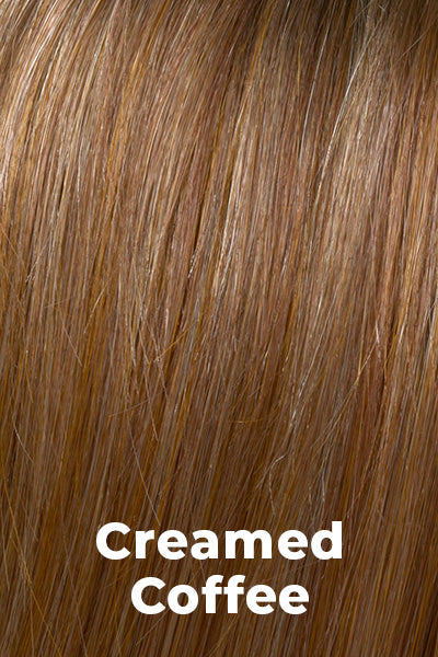 Envy Wigs - Charlotte Large - Creamed Coffee. 3-Tone blend of a gold-brown base with Medium Brown roots, and Golden Blonde highlights.