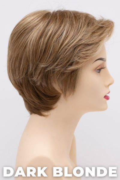 Color Swatch Dark Blonde for Envy wig Paula Human Hair Blend.  Deep blonde with red undertones and bright wheat highlights.