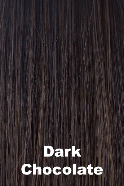 Color Dark Chocolate for Noriko wig Zeal #1725. Dark chocolate blended with light chocolate tones and a dark root. This mixture creates a perfectly balanced medium natural brown.