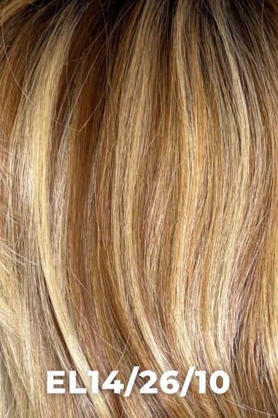 TressAllure - Charming - EL14/26/10. Warm red brunette blended with cool gold blonde, rooted with medium brown and with a gold blonde face framing highlights.