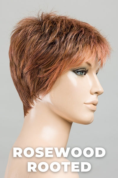 Ellen Wille Wigs - Chat - Rosewood Rooted. Medium Dark Brown Roots that Melt into a Mixture of Saddle Brown and Terra-Cotta Tones with Dark Roots.