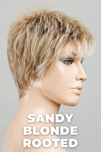 Ellen Wille Wigs - Chat - Sandy Blonde Rooted. Medium Honey Blonde, Light Ash Blonde, and Lightest Reddish Brown Blend with Dark Roots.