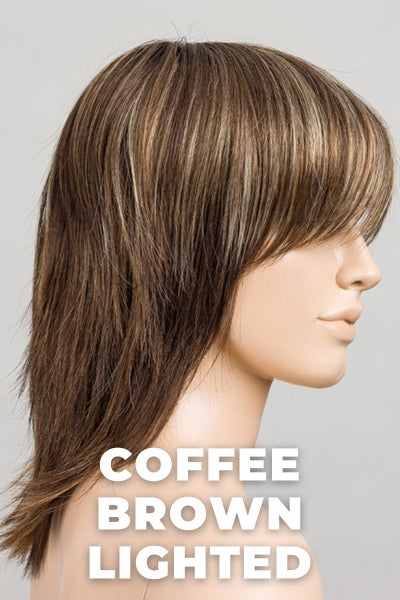 Ellen Wille Wigs - Rainbow - Coffee Brown Lighted. Medium Brown and Dark Brown with Medium Blonde Blend with Highlights throughout and Concentrated in the Front.