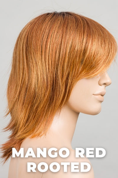 Ellen Wille Wigs - Rainbow - Mango Red Rooted. Blended Medium Copper Red, Copper Red, and Butterscotch Blonde Highlights with Dark Brown Roots.