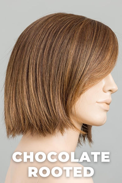 Ellen Wille Wigs - Ready Mono Part - Chocolate Rooted. Medium to Dark Brown Base with Light Reddish Brown Highlights and Dark Roots.