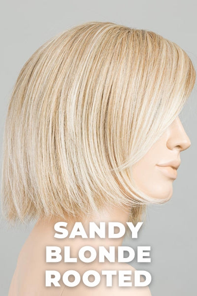 Ellen Wille Wigs - Ready Mono Part - Sandy Blonde Rooted. Medium Honey Blonde, Light Ash Blonde, and Lightest Reddish Brown Blend with Dark Roots.
