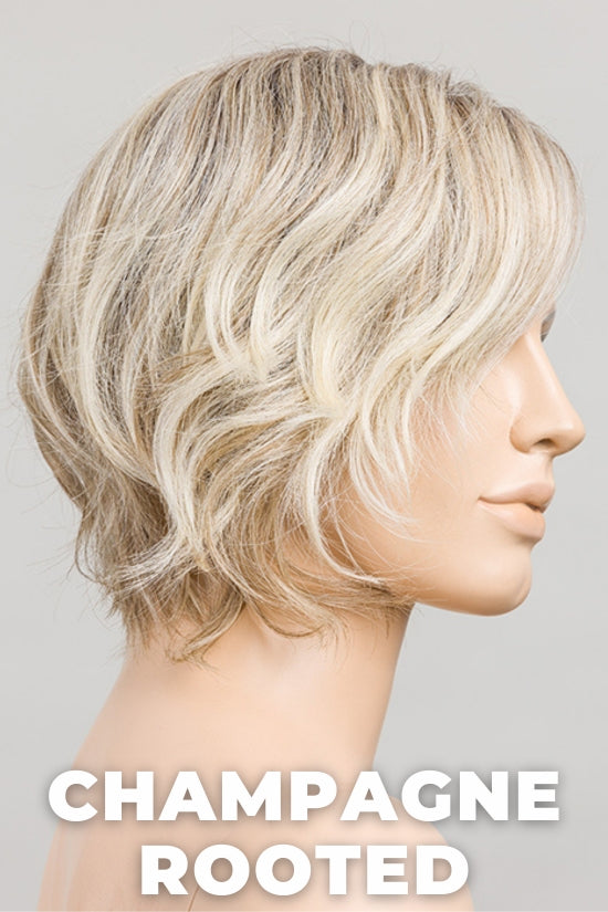 Ellen Wille - Cookie - Champagne Rooted. Light Beige Blonde, Medium Honey Blonde, and Platinum Blonde Blend with Dark Roots.